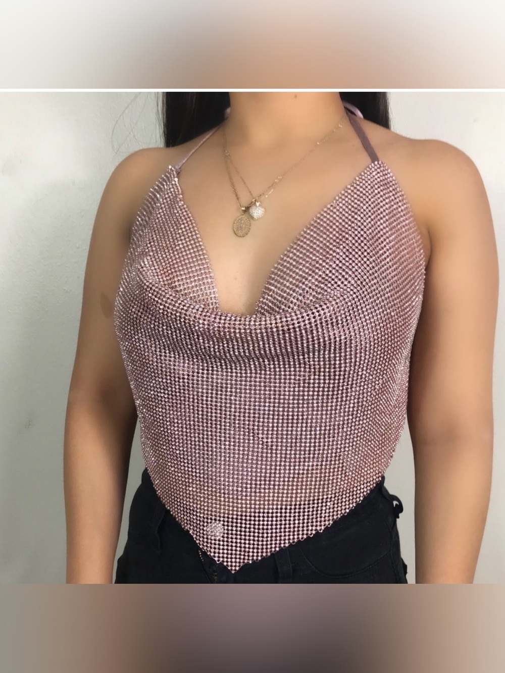 Better Be Rose Gold Rhinestone Halter Cowl Top